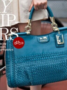 Coach Teal Woven Madison Caroline  Leather Dowel Satchel RARE hard to find!!